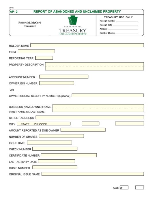 Fillable Form Ap- 2 - Report Of Abandoned And Unclaimed Property Printable pdf