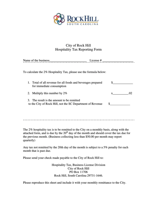 Hospitality Tax Reporting Form - City Of Rock Hill Printable pdf