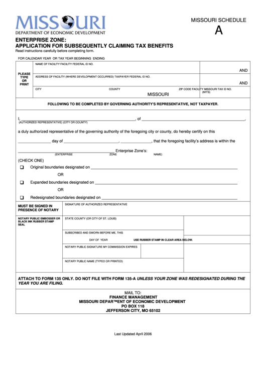 Fillable Missouri Schedule A - Enterprise Zone: Application For Subsequently Claiming Tax Benefits Printable pdf