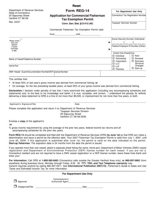 Fillable Form Reg-14 - Application For Commercial Fisherman Tax Exemption Permit Printable pdf