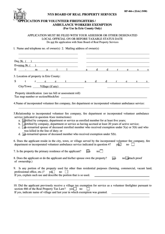 Form Rp-466-C - Application For Volunteer Firefighters/ambulance Workers Exemption Printable pdf