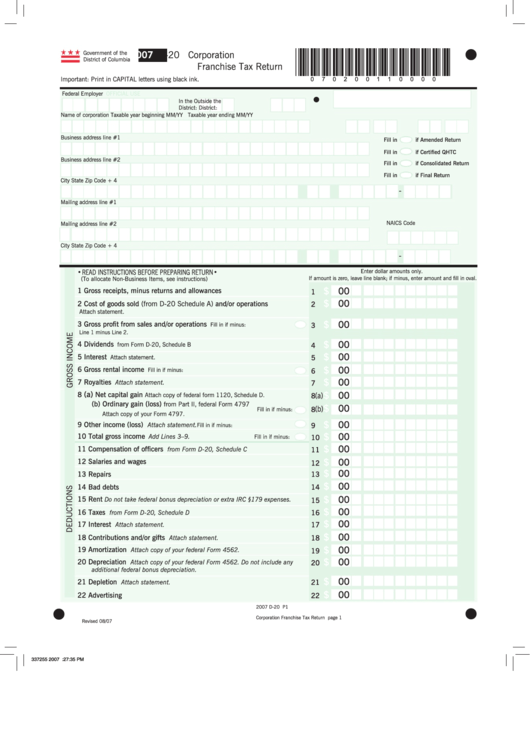 Form D-20 - Corporation Franchise Tax Return - 2007 Printable pdf