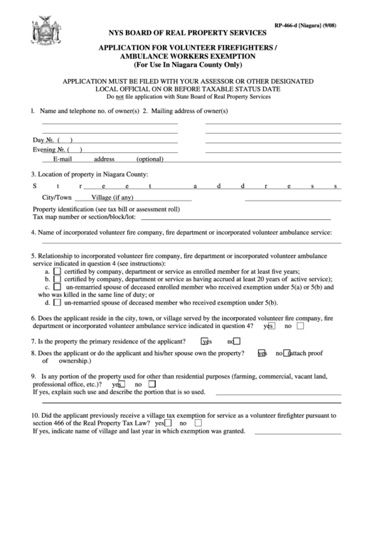 Form Rp-466-D [niagara] - Application For Volunteer Firefighters / Ambulance Workers Exemption - 2008 Printable pdf