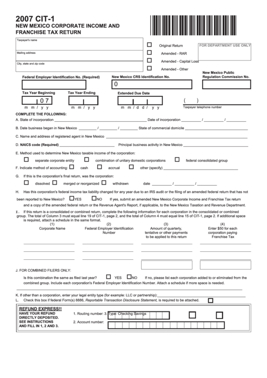 Form Cit-1 - New Mexico Corporate Income And Franchise Tax Return - 2007 Printable pdf