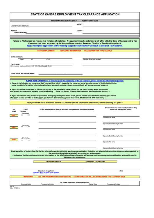 Form Ps-19 - State Of Kansas Employment Tax Clearance Application Printable pdf