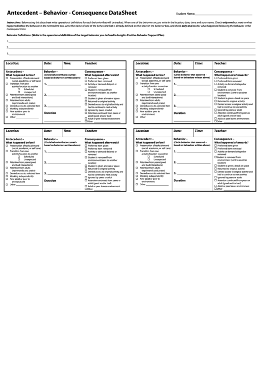 Antecedent - Behavior - Consequence Data Sheet Printable pdf