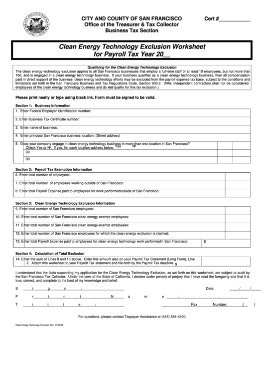 Clean Energy Technology Exclusion Worksheet For Payroll Tax Printable pdf