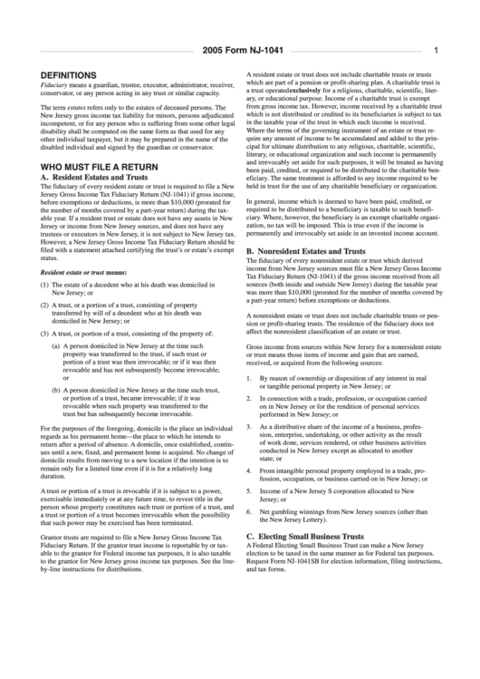 Form Nj-1041 Instructions - 2005 Printable pdf