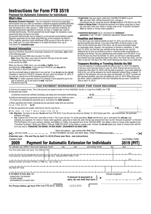 Fillable Form Ftb 3519 - Payment For Automatic Extension For Individuals - 2009 Printable pdf