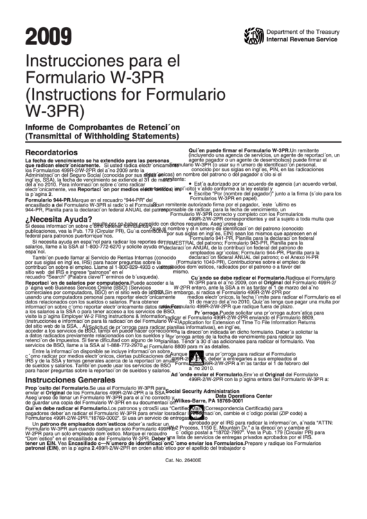 Instrucciones Para El Formulario W-3pr - 2009 Printable pdf
