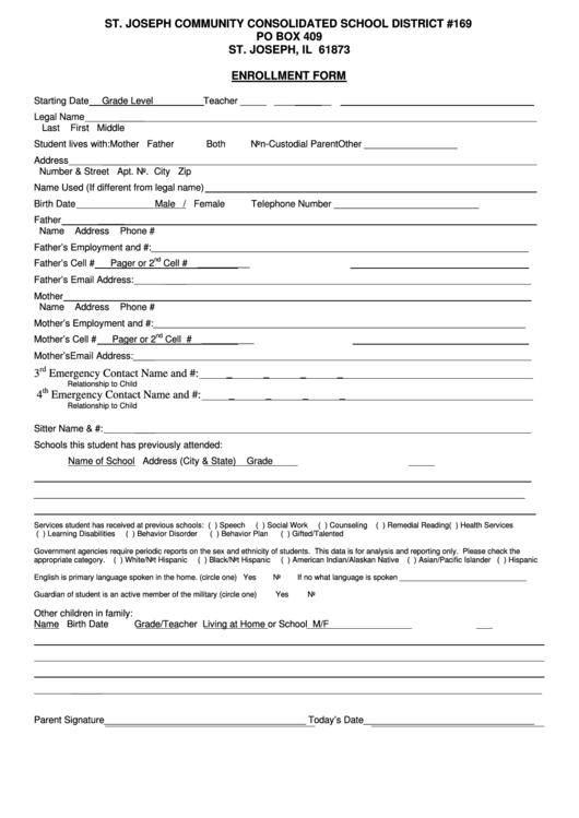 School Enrollment Form Printable pdf