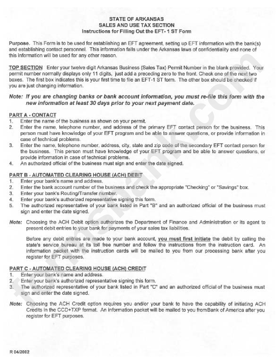Sales And Use Tax Section Instructions For Filling Out The Eft-1 St Form