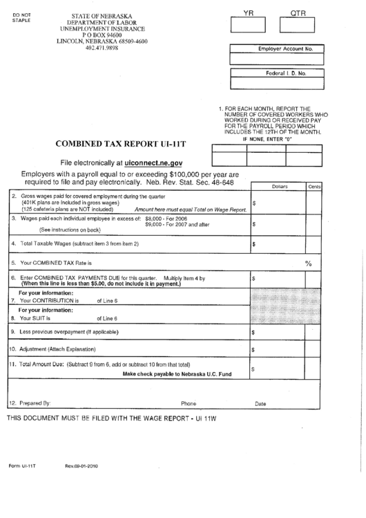 Form Ui-11t - Combined Tax Report - State Of Nebraska Printable pdf