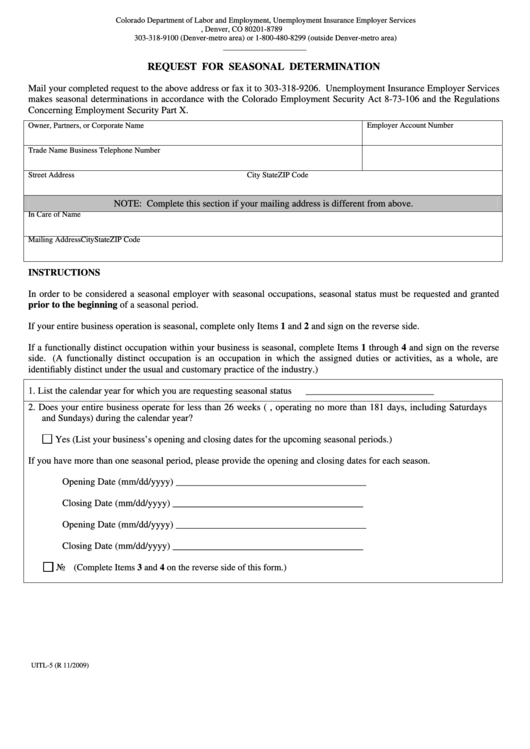 Form Uitl-5 - Request For Seasonal Determination - State Of Colorado Printable pdf