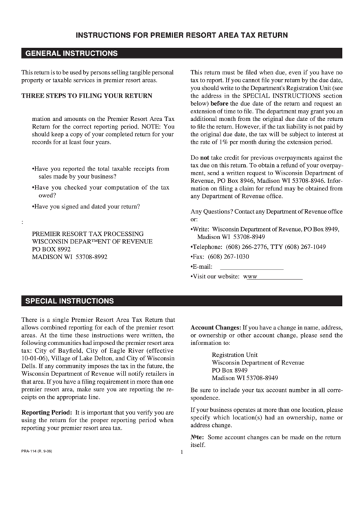 Form Pra-114 Instructions - Premier Resort Area Tax Return - 2006 Printable pdf