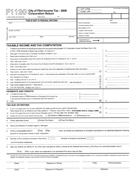 Form 1120 - City Of Flint Income Tax - 2008 Corporation Return Printable pdf