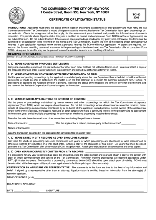 Form Tc140 - Certificate Of Litigation Status - 2009 Printable pdf