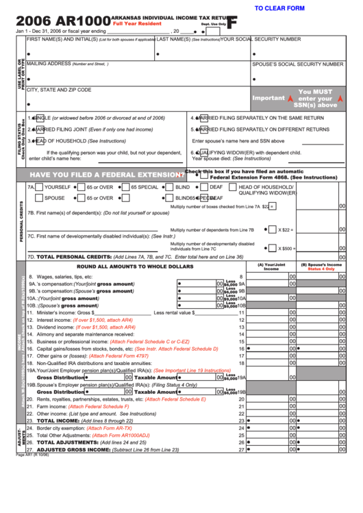Fillable Form Ar1000 - Arkansas Individual Income Tax Return - 2006 Printable pdf