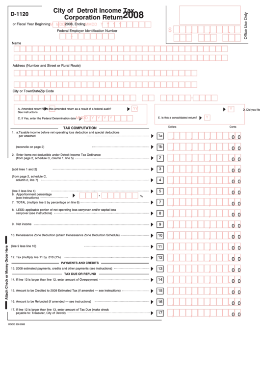 Form D-1120 - Income Tax Corporation Return - City Of Detroit - 2008 Printable pdf