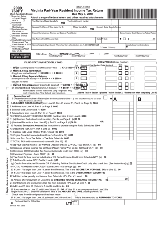 Form 760py 2009 - Virginia Part-Year Resident Income Tax Return 2010 Printable pdf