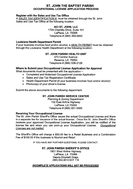 Occupational License Application Form - St. John The Baptist Parish Printable pdf