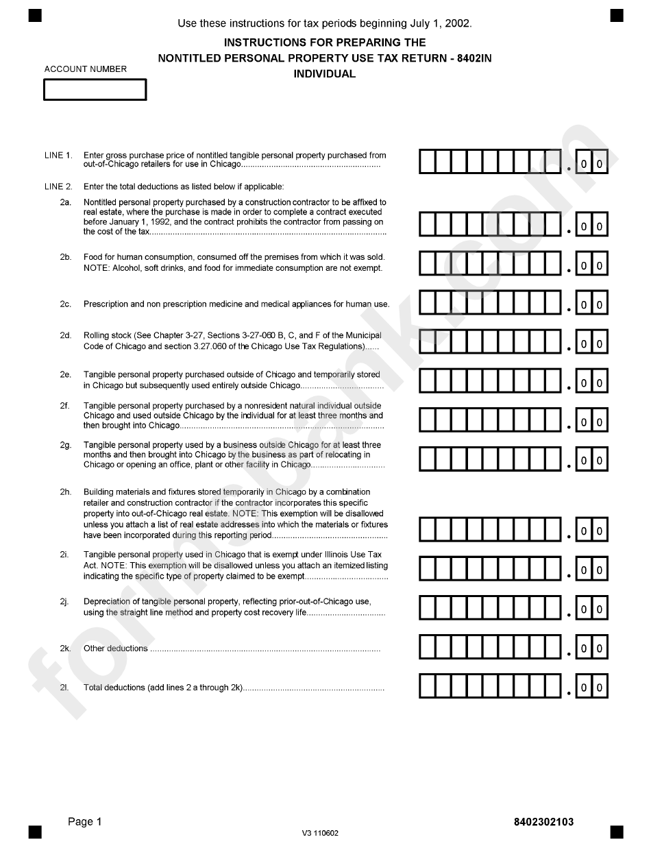 Form V3 110602 - Instructions For Preparing The Non Titled Personal Property Use Tax Return - 8402 In Individual 2002 - State Of Illinois