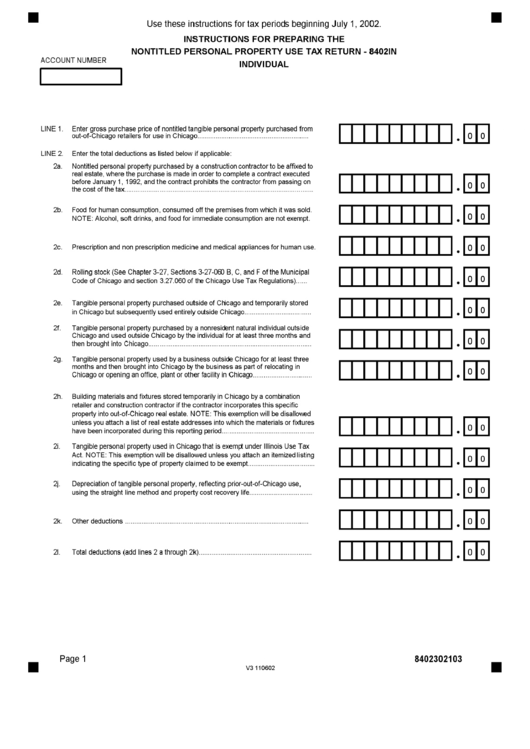 Form V3 110602 - Instructions For Preparing The Non Titled Personal Property Use Tax Return - 8402 In Individual 2002 - State Of Illinois Printable pdf