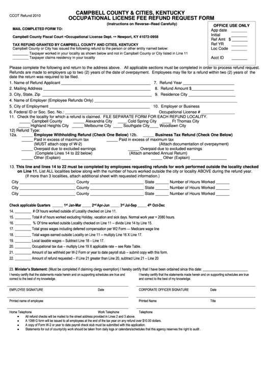 Form Ccot - Occupational License Fee Refund Request Form - Campbell County - 2010 Printable pdf