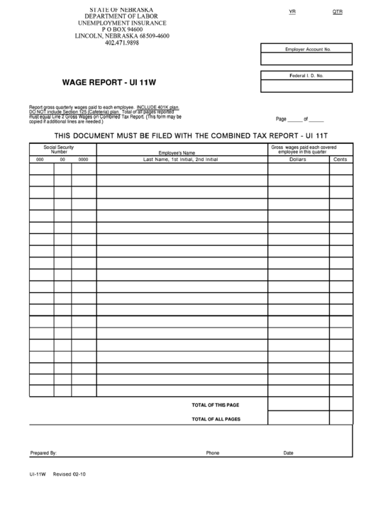 Form Ui-11w - Wage Report Printable pdf