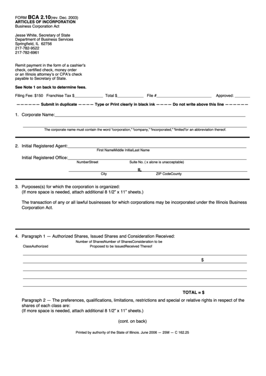 Fillable Form Bca 2.10 - Articles Of Incorporation Business Corporation Act Printable pdf