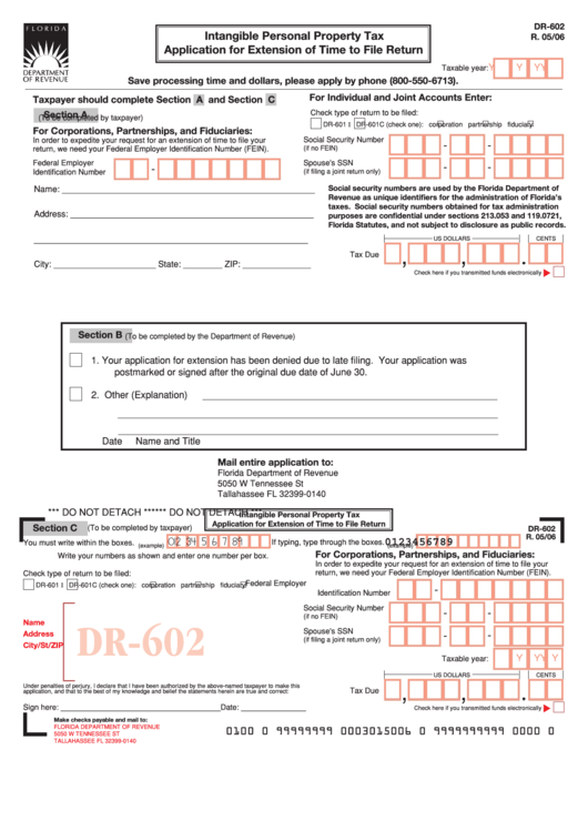Form Dr-602 - Intangible Personal Property Tax - Application For Extension Of Time To File Return Printable pdf