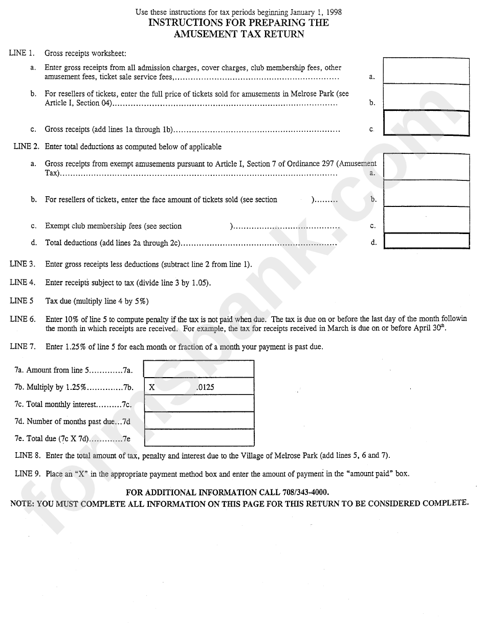 Instructions For Preparing The Amusement Tax Return Form 1998 - State Of Illinois