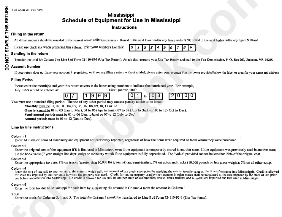 Form 72-335-99-I Instructions For Schedule Of Equipment For Use