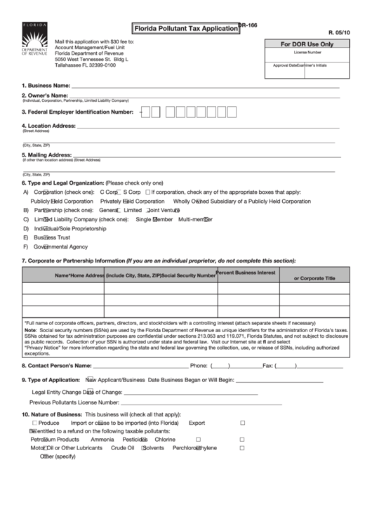 Form Dr-166 - Florida Pollutant Tax Application - 2010 Printable pdf