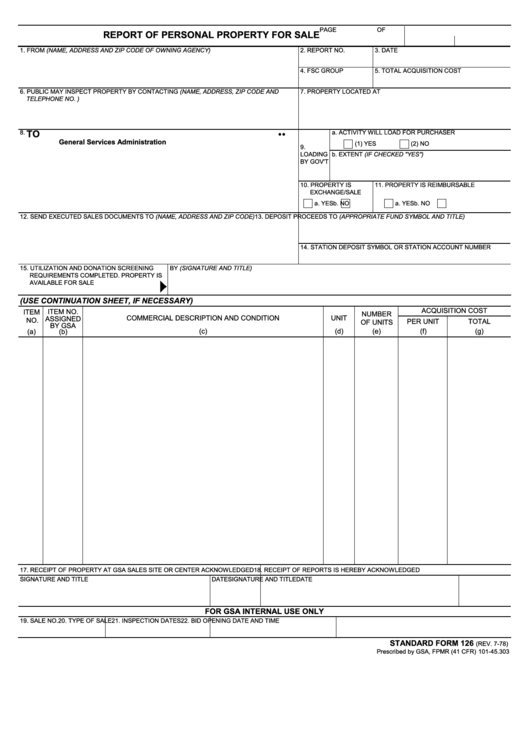 Fillable Standard Form 126 - Report Of Personal Property For Sale - General Services Administration Printable pdf