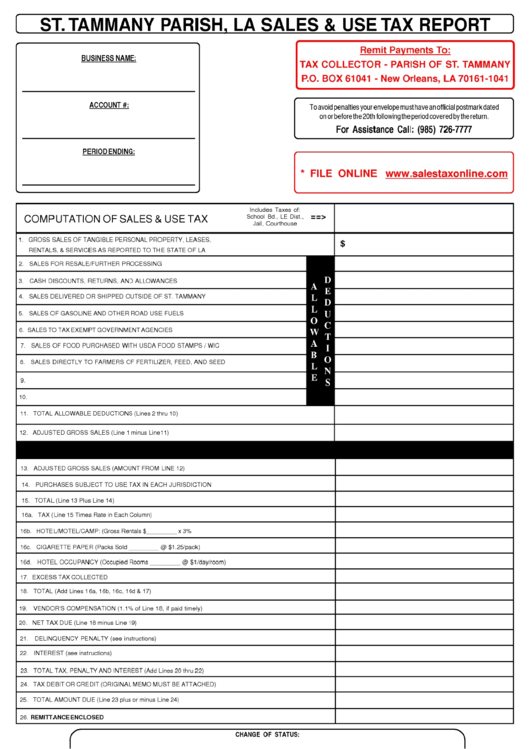 St.tammany Parish, La Sales & Use Tax Report Form - State Of Louisiana Printable pdf