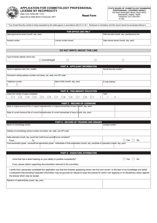 State Form 43493 - Application For Cosmetology Professional License By Reciprocity - State Board Of Cosmetology Examiners Printable pdf