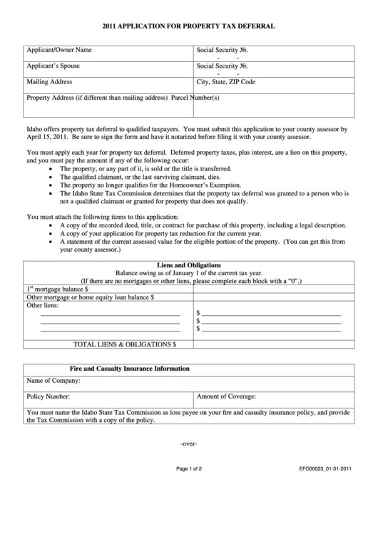 Form Efo00023 - Application For Property Tax Deferral - 2011 Printable pdf