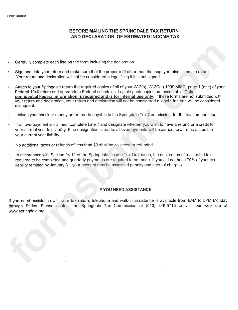 Instruction For City Of Springdale Resident Income Tax Return And Declaration Form Ir