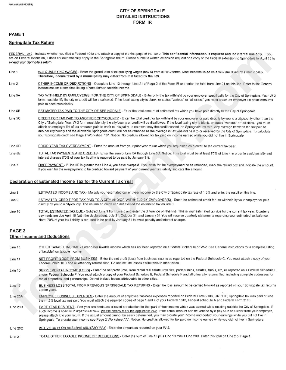 Instruction For City Of Springdale Resident Income Tax Return And Declaration Form Ir