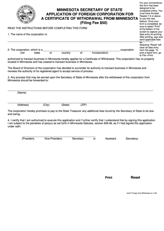 Fillable Application Of Foreign Corporation For A Certificate Of Withdrawal From Minnesota Form - 2009 Printable pdf