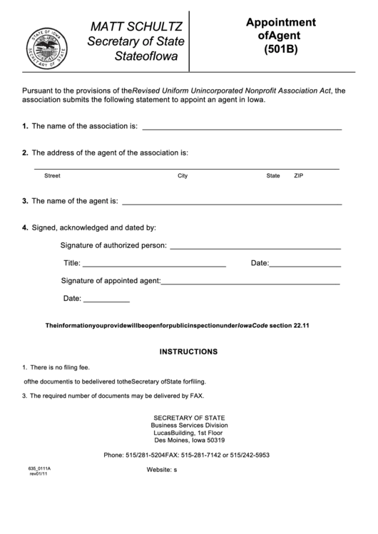 Form 635_0111a - Appointment Of Agent (501b) Printable pdf