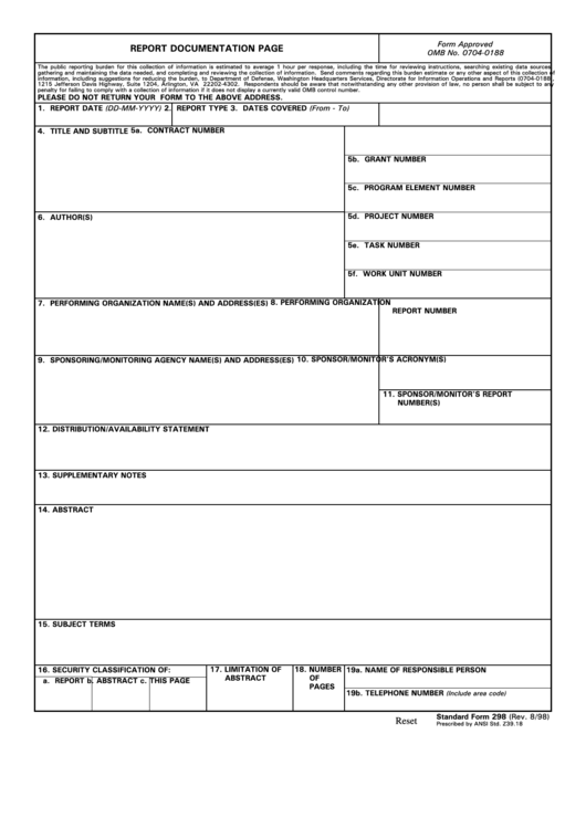 Fillable Standard Form 298 - Report Documentation Page Printable pdf