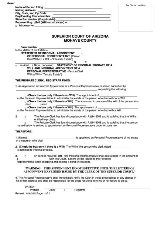 Fillable Superior Court Of Arizona Mohave County Printable pdf