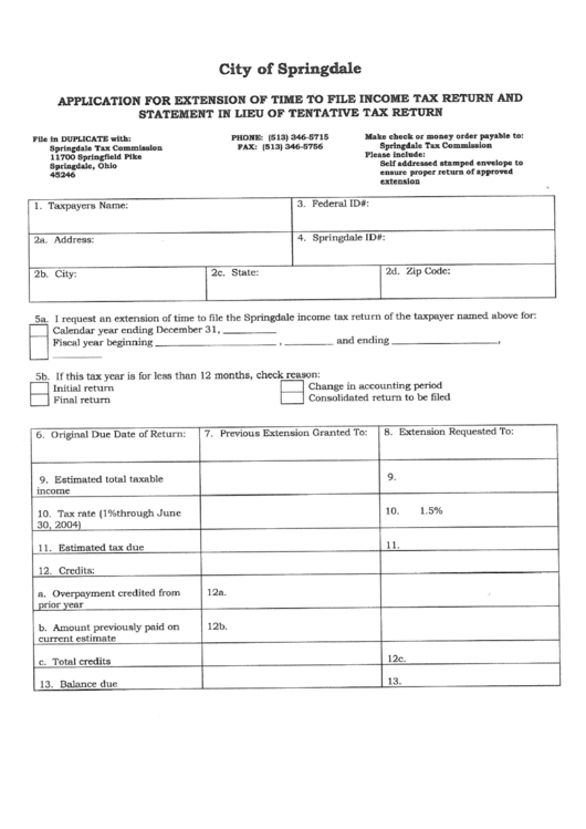 Application For Extension Of Time To File Income Tax Return Form Printable pdf