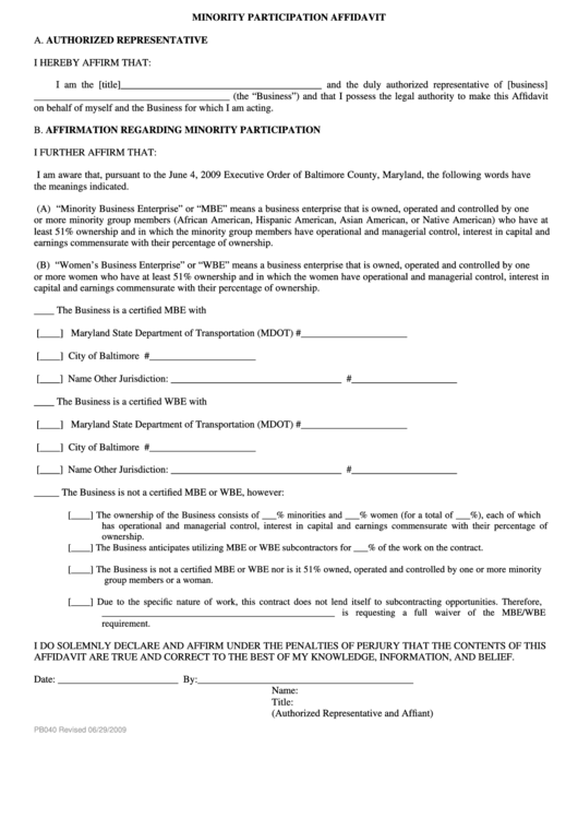 Form Pb040 - Minority Participation Affidavit Printable pdf