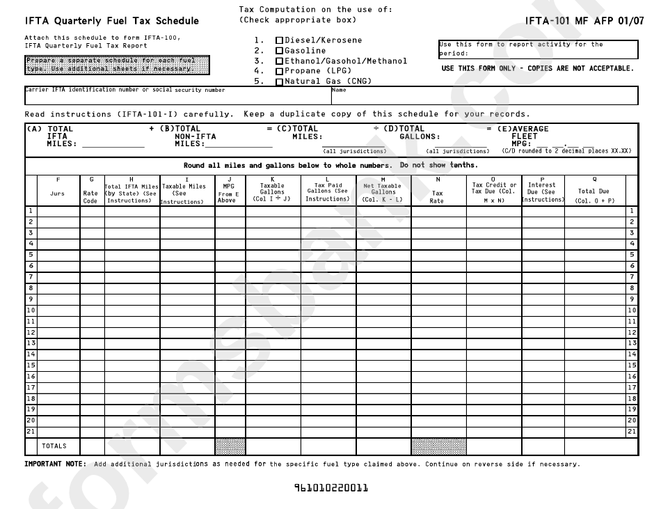 Form Ifta-101 Mf - Ifta Quarterly Fuel Tax Schedule - 2007