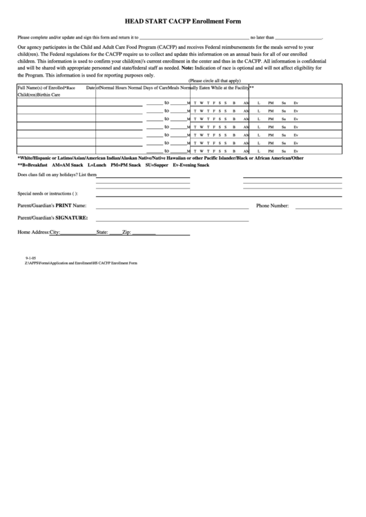 Head Start Cacfp Enrollment Form Printable pdf