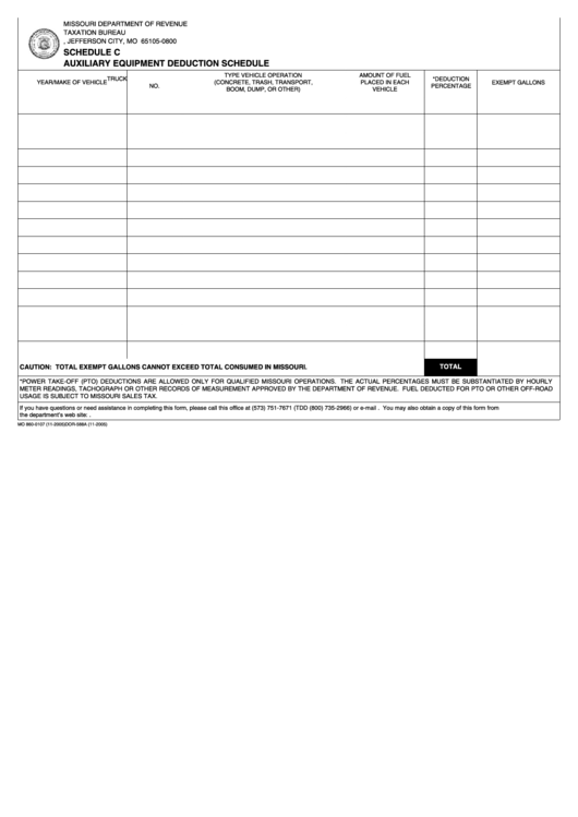 Fillable Form Dor-588a - Schedule C Auxiliary Equipment Deduction Schedule - 2005 Printable pdf