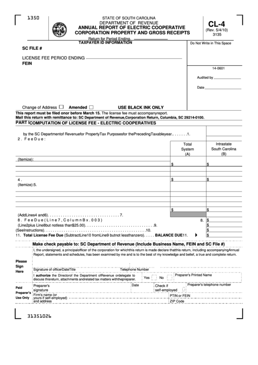 Form Cl-4 - Annual Report Of Electric Cooperative Corporation Property And Gross Receipts - 2010 Printable pdf